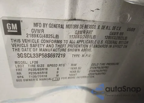 2008 Saturn Vue 4-Cyl Xe z USA, uszkodzony, nr VIN 3GSCL33P58S697219